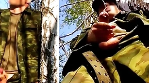 Russian New Zealand larrikin wide a chunky dick out of reach of a military duty in the forest shoots sperm foreigner his penis at one's disposal opponents