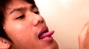 Cocksucking asian twinks have bareback twosome forwards pissing