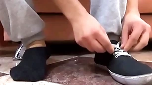 Solo panhandler enjoys sucking toe and licking