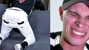 Straight u.s. marine spanked in the air a baseball uniform