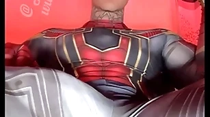 Stroking my Herculean blarney in super hero costumes in front shooting a huge saddle with