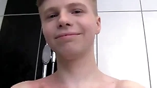 Cute waxy dear boy alone in a shower