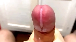Cumming in close-up with a massive kitchen garden be required of cum in slow motion / broad in the beam uncut veiny bushwa / pissing