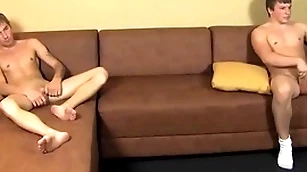 Gay twinks masturbate their rock hard dicks forwards cumming